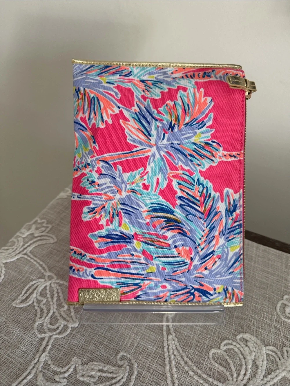 Lilly Pulitzer Pink Tropical Palm Pattern Top Zip Case with Gold Tone Trim